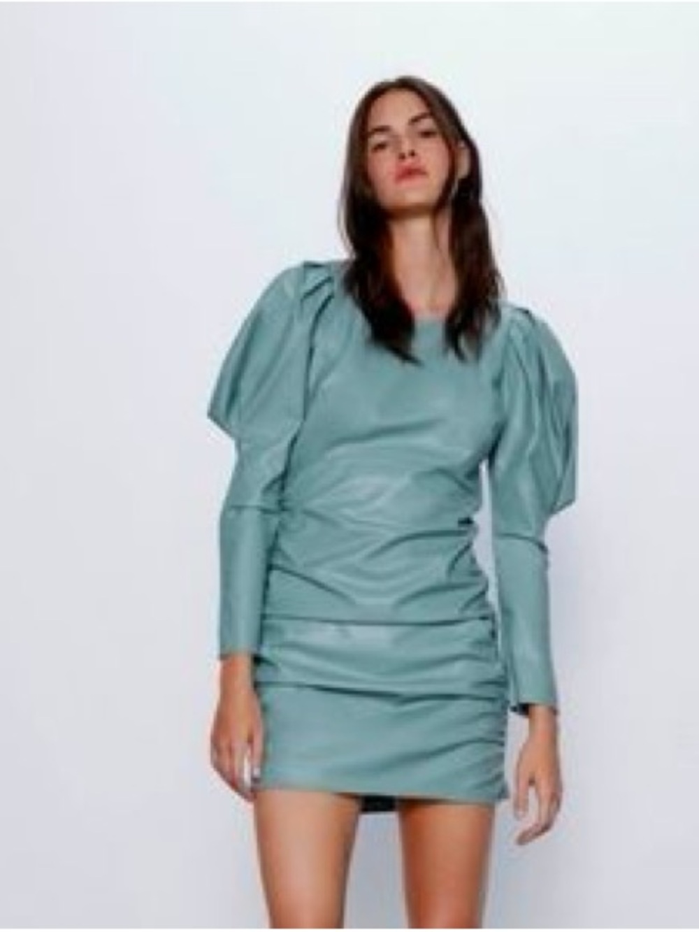 Zara Fitted Puff-Sleeve Mini Ruched Dress in Sage Green